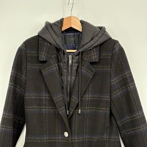 🧲 IKKS Black blue and Gray Plaid wool blend coat w zip out black puffer hoodie